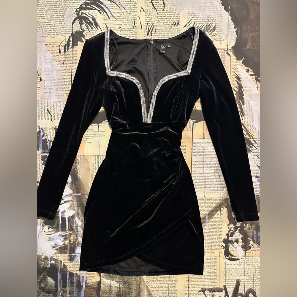 Black Suede Mini Dress with Rhinestone Neckline